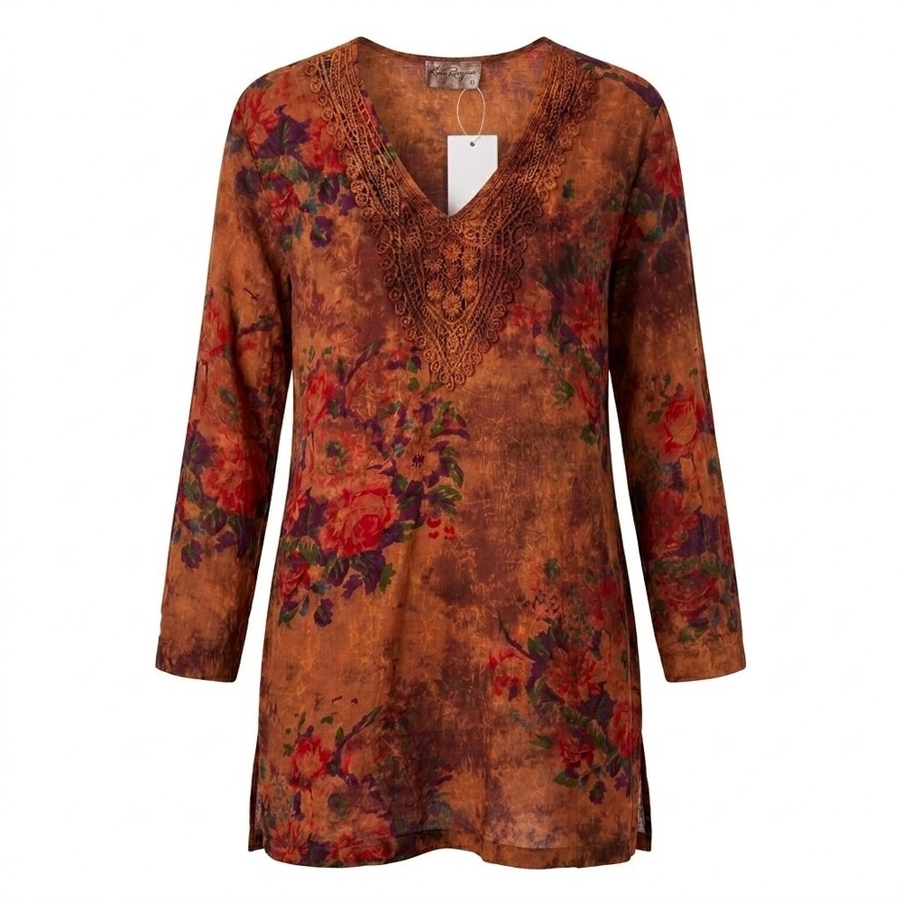 NEW Vintage Goa Womens Medium Brown Floral Crochet V-Neck Tunic Mini Dress - CJ